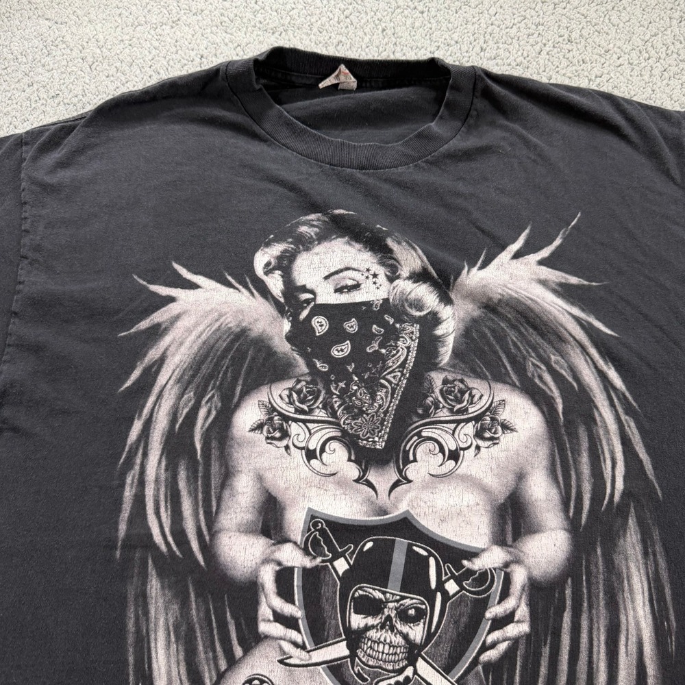 Alstyle Mens Black Tattooed Angel‎ Raiders Skull Graphic T-Shirt XL Streetwear